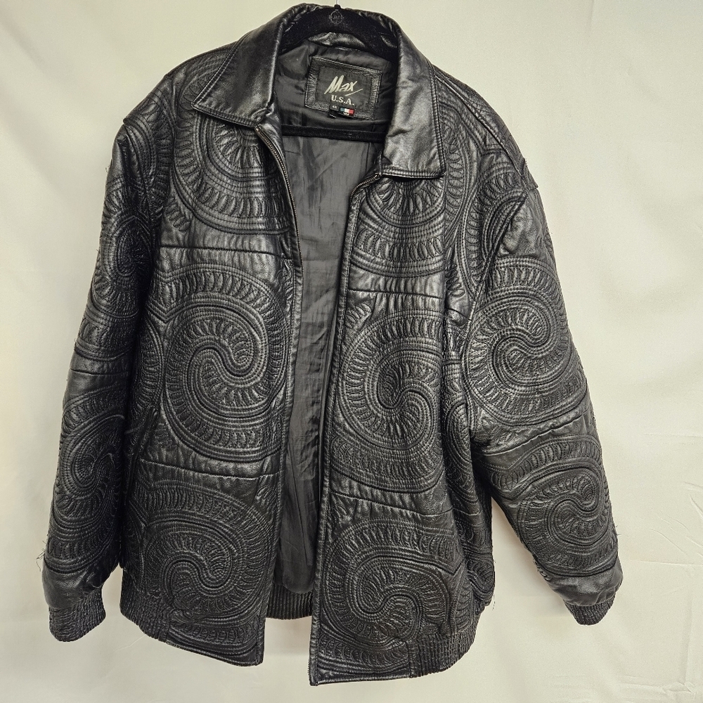 Vintage Max USA Leather Bomber Jacket Y2K Men’s 6X Embossed Embroidered Hip Hop